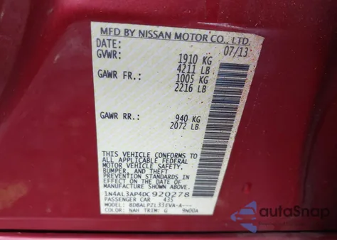 2013 Nissan Altima 2.5 из США, поврежденный, VIN 1N4AL3AP4DC920278